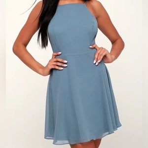 Lulu's Slate Blue Backless Skater Dress